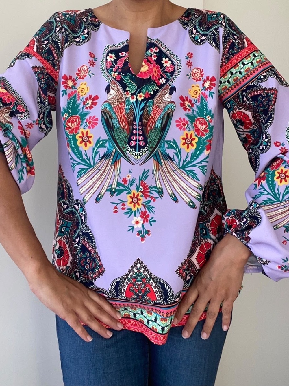Lavender Parrot-Print Notch-Neck Tunic Top